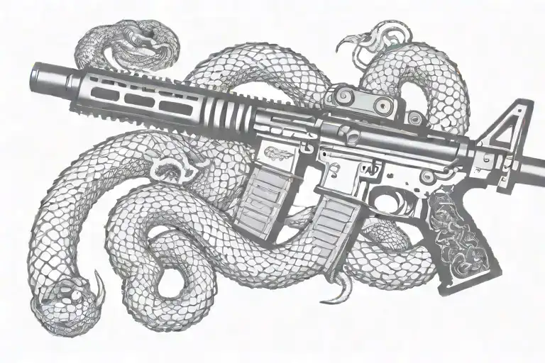 american AR 15  rifle with rattle snake wrapping ot around tattoo design idea