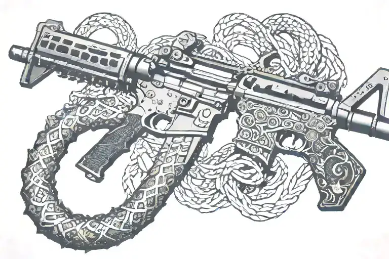 american AR 15  rifle with rattle snake wrapping ot around with snake head showing tattoo design idea