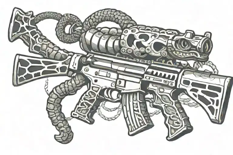 A stylized m4 rifle intertwined with a rattle snake, symbolizing protection and strength tattoo design idea