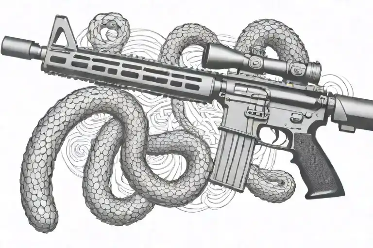 american AR 15  rifle with rattle snake wrapping ot around tattoo design idea