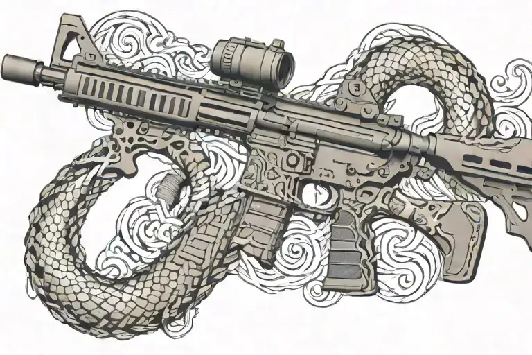 american AR 15  rifle with rattle snake wrapping ot around with snake head showing tattoo design idea