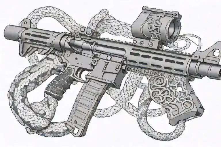 american AR 15  rifle with rattle snake wrapping ot around with snake head showing tattoo design idea