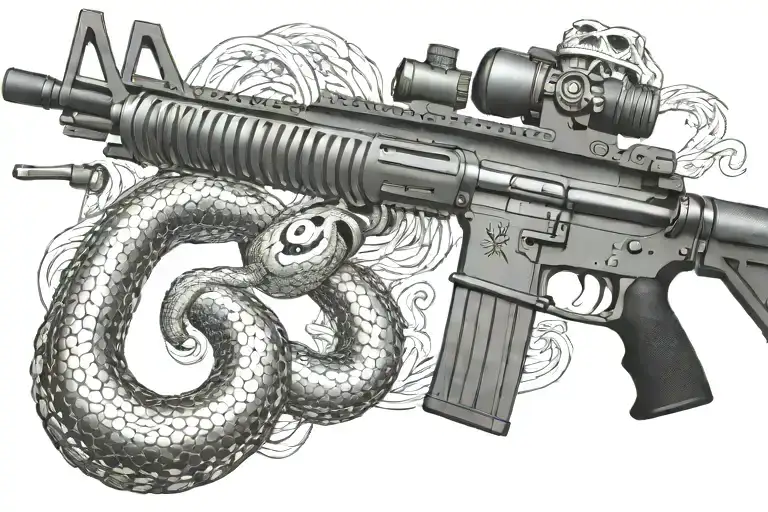 snake AR 15  rifle with rattle snake coiled around with snake head showing tattoo design idea