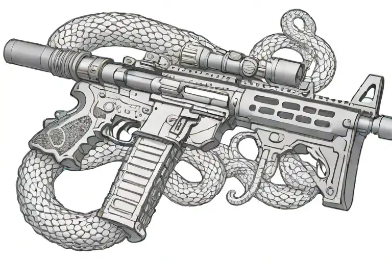american AR 15  rifle with rattle snake wrapping ot around with snake head showing tattoo design idea