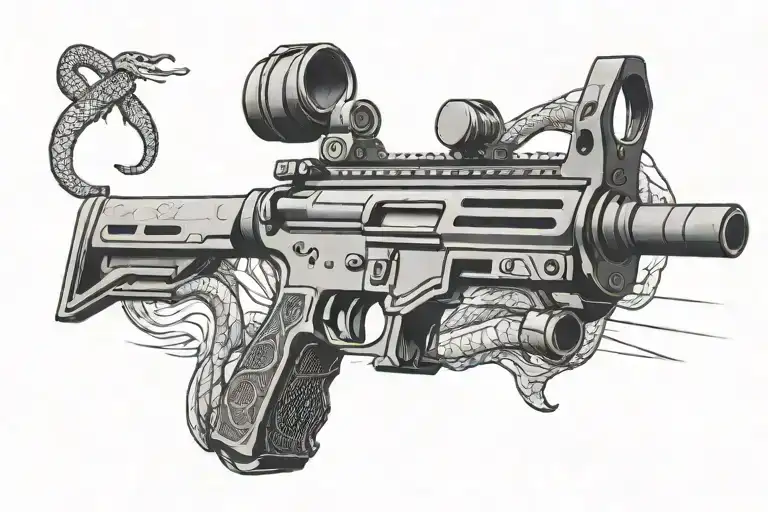 A minimalist design of an m4 rifle with a subtle rattle snake silhouette in the background, showcasing the balance between power and stealth tattoo design idea