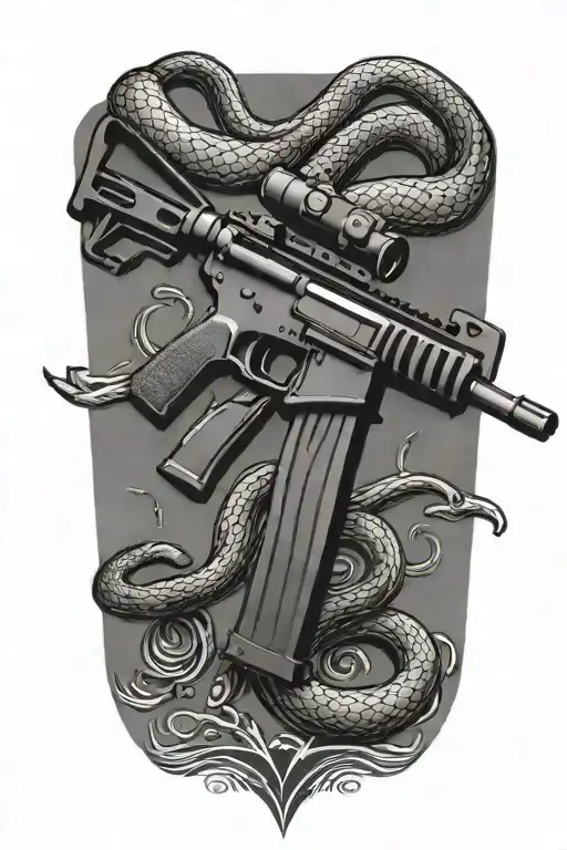 A minimalist design of an m4 rifle with a subtle rattle snake silhouette in the background, showcasing the balance between power and stealth tattoo design idea