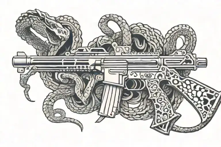 A stylized m4 rifle intertwined with a rattle snake, symbolizing protection and strength tattoo design idea