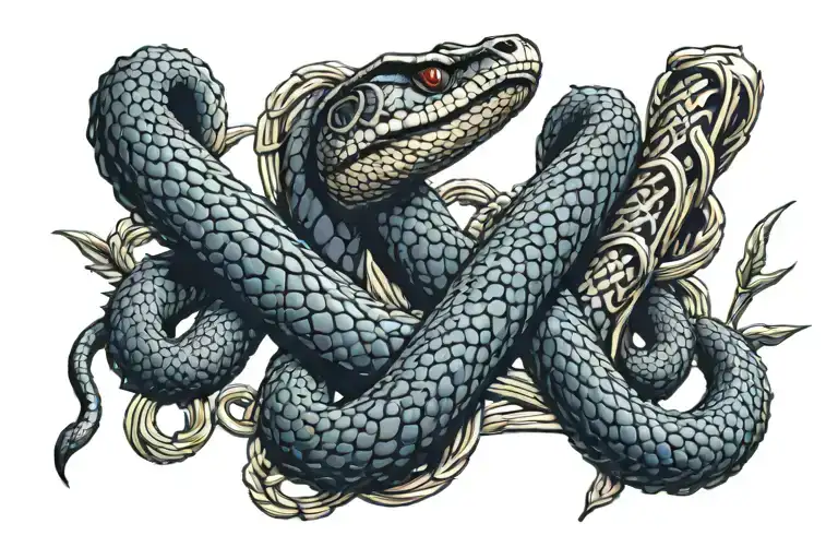 rattle snake intertwined rifle tattoo design idea