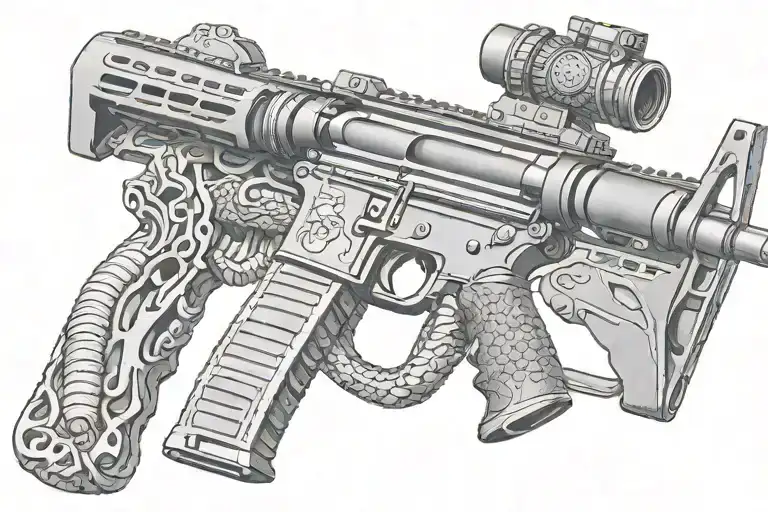 american AR 15  rifle with rattle snake wrapping ot around with snake head showing tattoo design idea