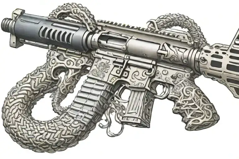 american AR 15  rifle with rattle snake wrapping ot around with snake head showing tattoo design idea