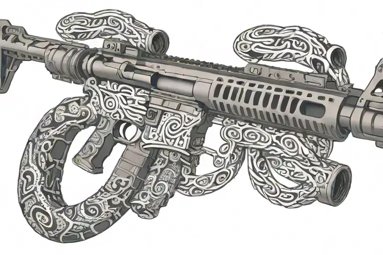 snake AR 15  rifle with rattle snake wrapping ot around with snake head showing tattoo design idea
