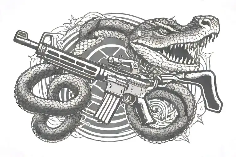 A geometric pattern incorporating elements of an m4 rifle and a rattle snake, reflecting the precision and agility required in border patrol work tattoo design idea