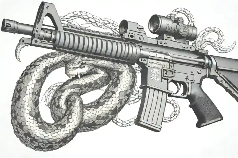 snake AR 15  rifle with rattle snake coiled around with snake head showing tattoo design idea
