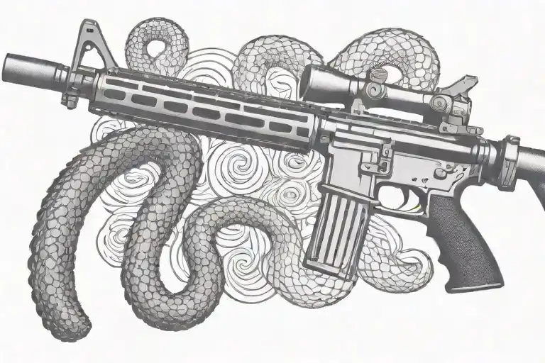 american AR 15  rifle with rattle snake wrapping ot around tattoo design idea