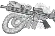 american AR 15  rifle with rattle snake wrapping ot around with snake head showing tattoo design idea