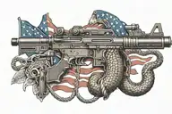 Create a patriotic tattoo featuring the American flag waving in the background with an m4 rifle and a rattle snake intertwined tattoo design idea