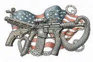 Create a patriotic tattoo featuring the American flag waving in the background with an m4 rifle and a rattle snake intertwined tattoo design idea