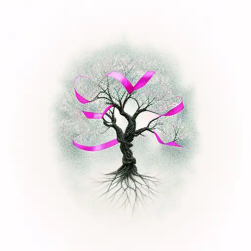 tree with pink ribbon blowing in the wind tattoo design idea