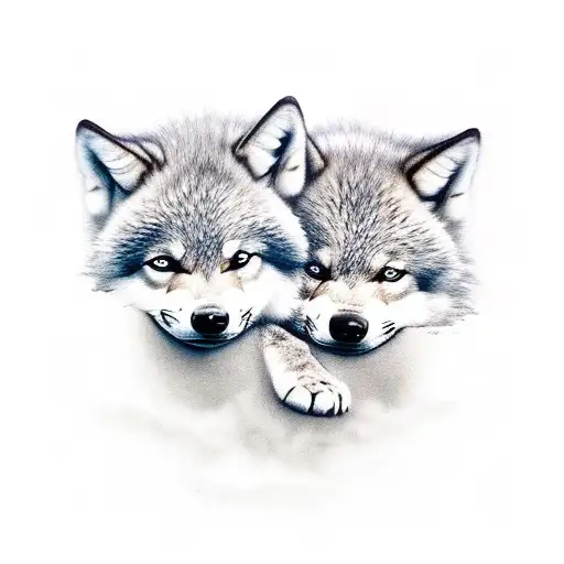 2 baby wolves looking in the reflection of a lake seeing 2 fullgrown wolves tattoo design idea