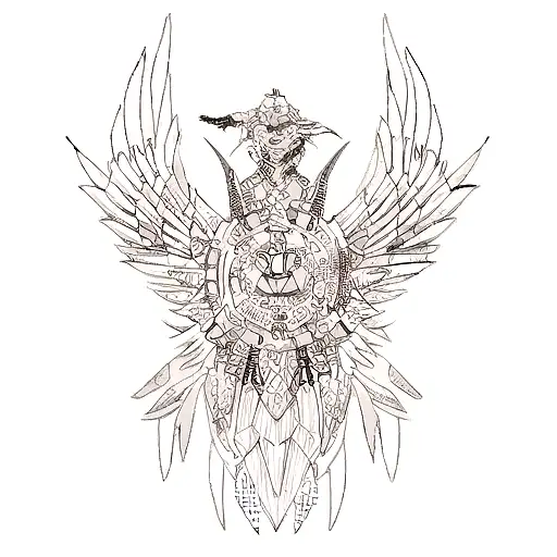 A dotwork tattoo featuring a futuristic interpretation of Odin accompanied by a cybernetic raven tattoo design idea