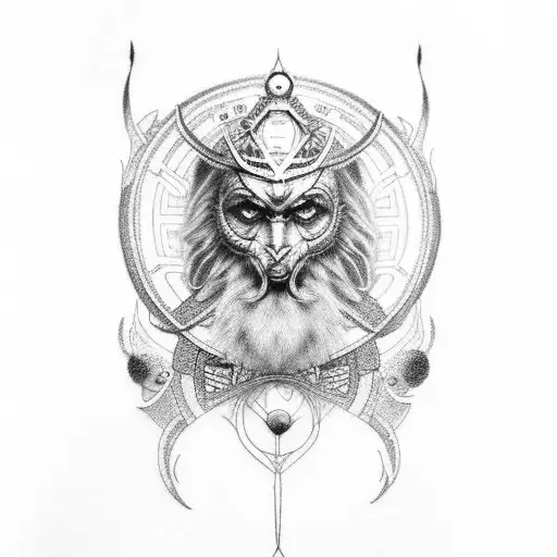 A dotwork tattoo featuring a futuristic interpretation of Odin accompanied by a cybernetic raven tattoo design idea