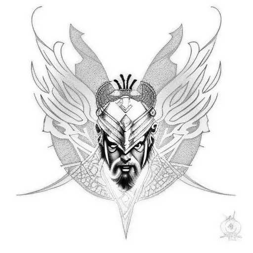 A dotwork tattoo featuring a futuristic interpretation of Odin accompanied by a cybernetic raven tattoo design idea
