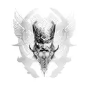 A dotwork tattoo featuring a futuristic interpretation of Odin accompanied by a cybernetic raven tattoo design idea