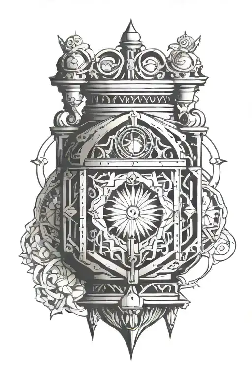 A tattoo design of an ornamental lantern with a stylized eye inside the lantern, representing perception.  tattoo design idea