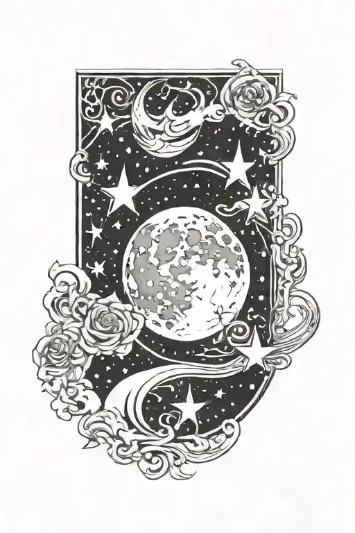A banner adorned with intricate moon and stars designs, symbolizing the client's love for perception and the night sky tattoo design idea