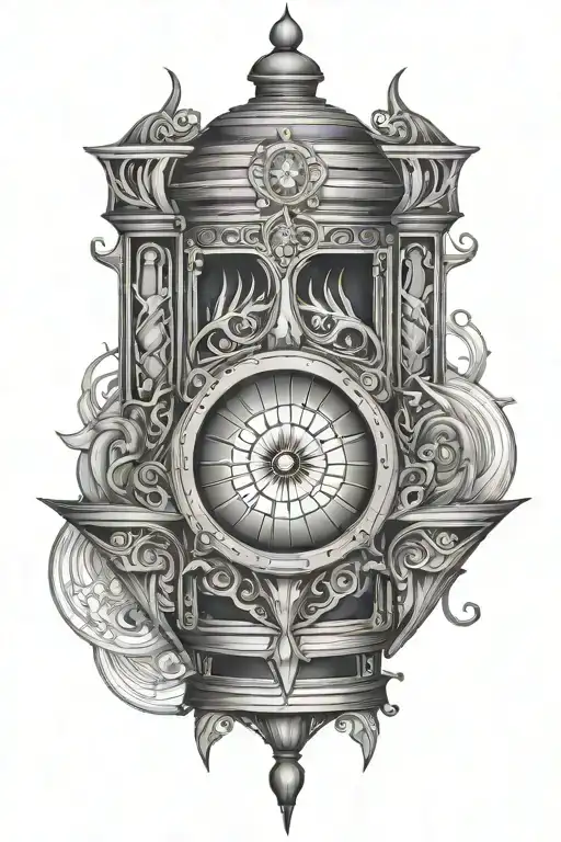 A tattoo design of an ornamental lantern with a stylized eye inside the lantern, representing perception.  tattoo design idea