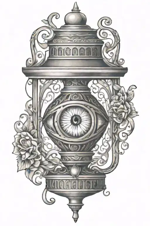 A tattoo design of an ornamental lantern with a stylized eye inside the lantern, representing perception.  tattoo design idea