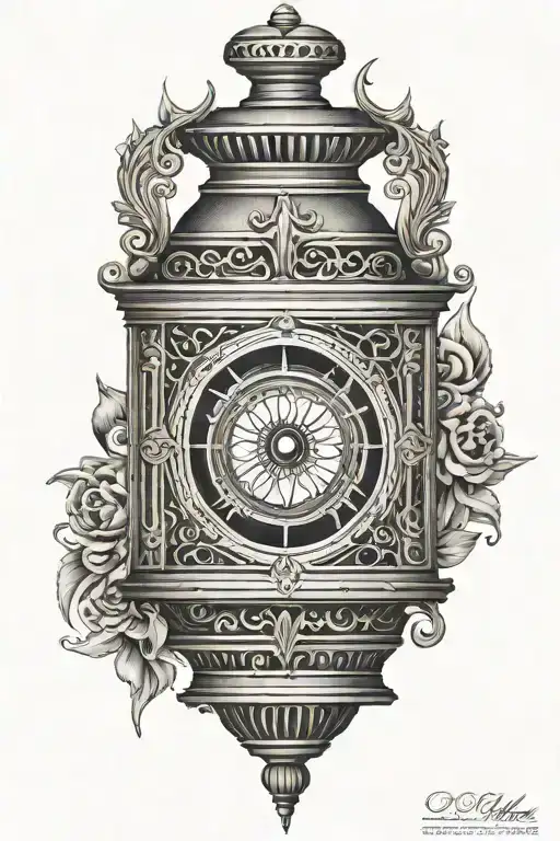 A tattoo design of an ornamental lantern with a stylized eye inside the lantern, representing perception.  tattoo design idea