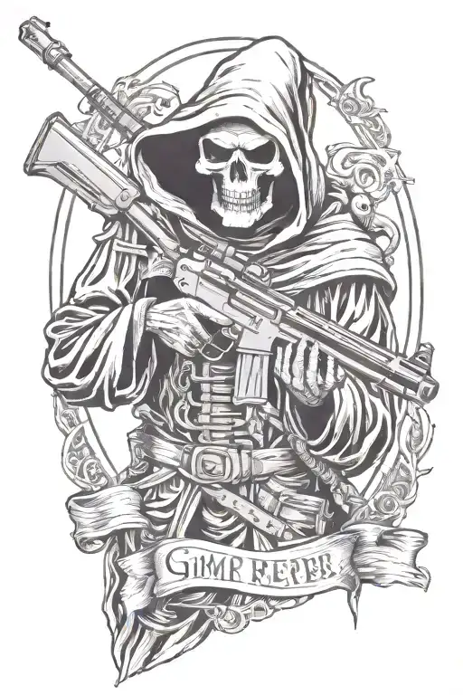 grim reaper holding sniper rifle pointing at towards you tattoo design idea