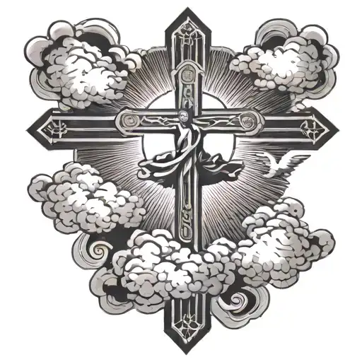 cross with clouds and god holding with 3 crosses with Jesus on them tattoo design idea