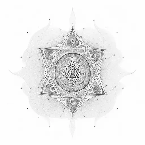 A minimalist design of the number 42, incorporating Hindu symbols and patterns tattoo design idea