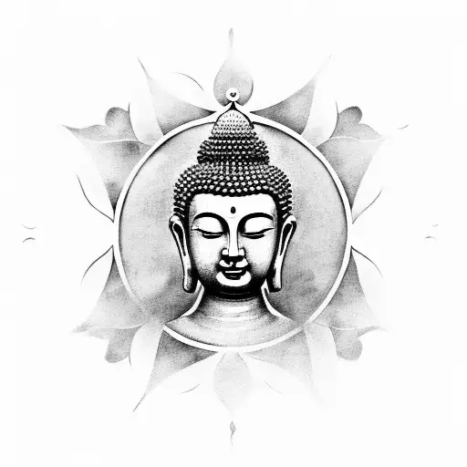 A serene portrait of Buddha, with a mandala design as the background tattoo design idea