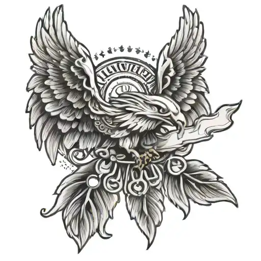 An intricate tattoo design of the University of Louisiana at Lafayette logo intertwined with angelic wings and a halo, representing the student's academic journey and spiritual beliefs tattoo design idea