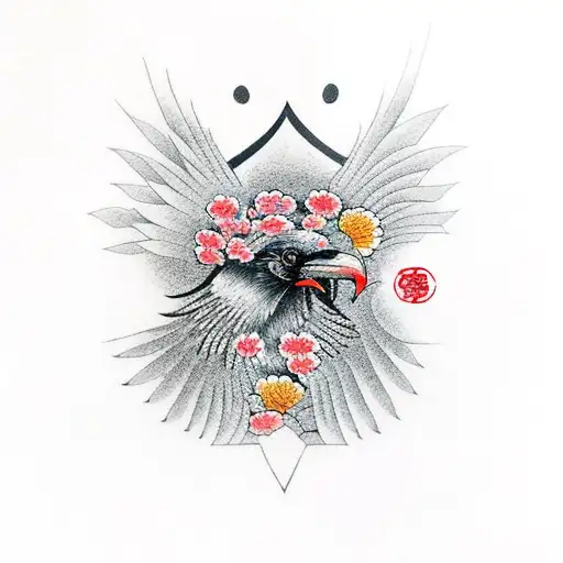 japanese mask, raven, and flowers tattoo design idea