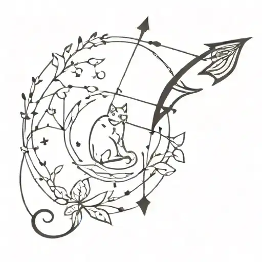 An intricate minimalist tattoo of a bow and arrow with delicate cat paw prints trailing alongside, symbolizing the client's love for archery and felines in a subtle and stylish design tattoo design idea