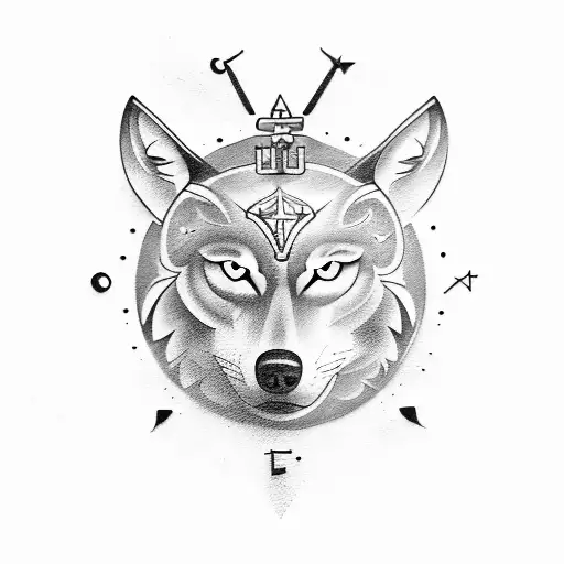 Create a tattoo template of a wolf  compass and a matching saying from the Bible tattoo design idea