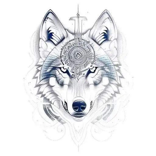 Create a tattoo template of a wolf in combination with a compass and a matching saying from the Bible tattoo design idea