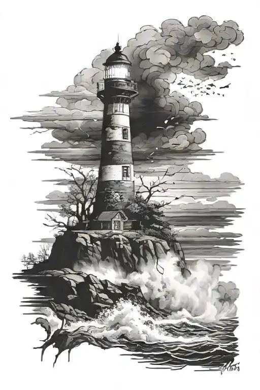 eery lighthouse in a night storm with rock base and dates 6/10/47-8/26/24 tattoo design idea