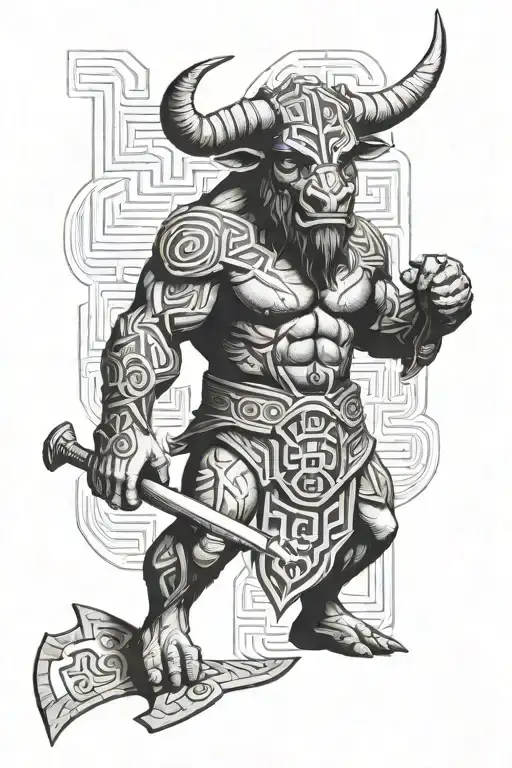 minotaur with axe with maze background black and white tattoo design idea