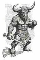minotaur with axe with maze background black and white tattoo design idea