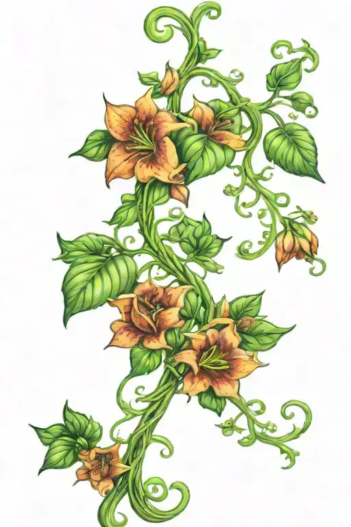 Long green vine with flowers tattoo design idea
