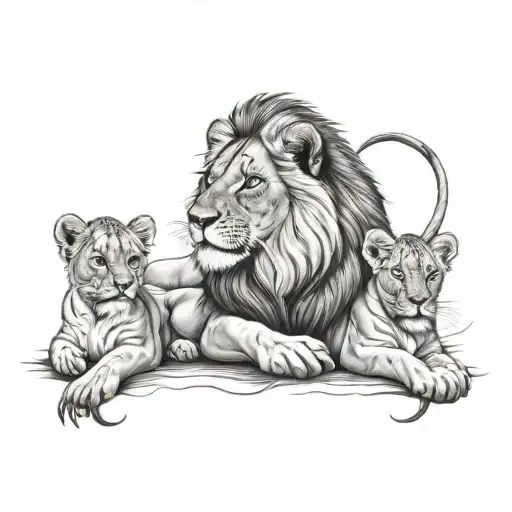 Father lion and 2 cubs, 1 daughter and 1 son tattoo design idea