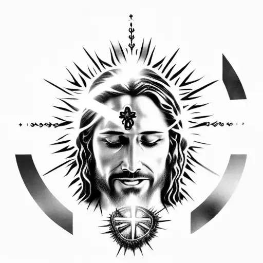 A realistic portrait of Jesus Christ with a sacred heart in the center of his chest, surrounded by thorns and light. tattoo design idea