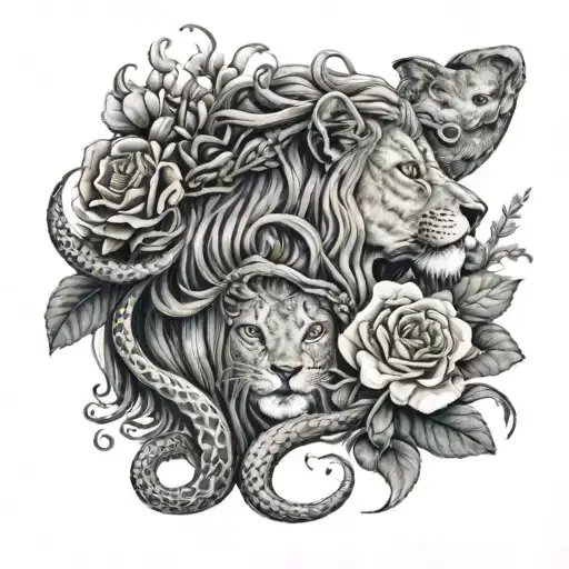 Woman, lion and snake with flowers and moon tattoo design idea