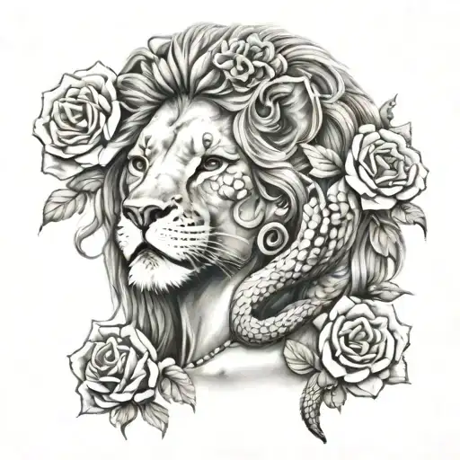 Lion woman and snake with flowers tattoo design idea