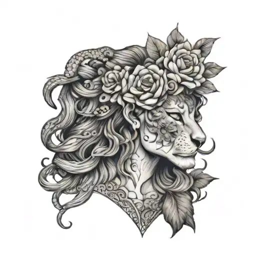 Lion woman and snake with flowers tattoo design idea